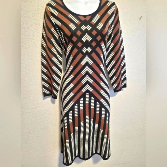 Nine West Long Sleeve Aztec Stretch Knit Sheath Woven Cotton Sweater Dress - Picture 2 of 8